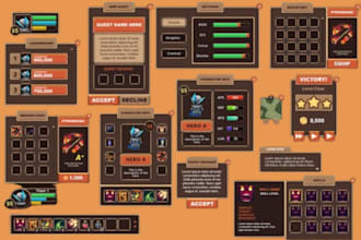 create stylized 2d game UI UX, hud, gui and mobile game interface