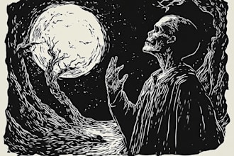 make detailed dark art with woodcut or linocut style