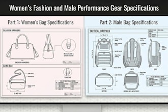 design bag tech pack, backpack technical sketch and handbag for manufacturing