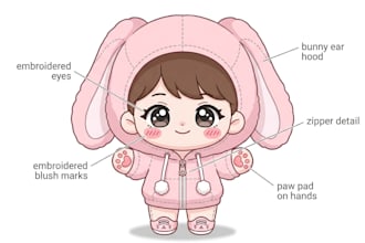 design custom plushie reference sheet of chibi, stuffed animal character ych