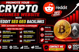 create HQ backlink reddit seo GEO post to promote crypto business website