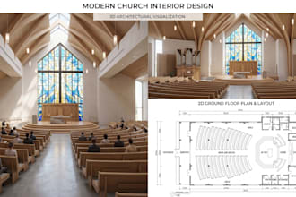 create modern church interior design with 2d and 3d render