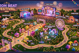 create 3d isometric event map, festival layout, tourism, map illustration