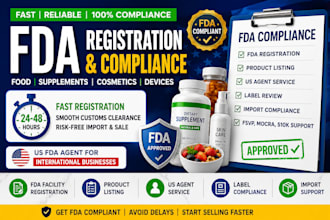 handle fda registration, product listing, US agent, and compliance for food
