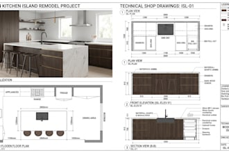 design and remodel modern 2d and 3d kitchen island including shop drawings