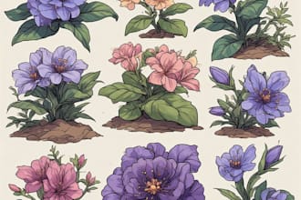 botanical illustrations of flowers, plants, line art
