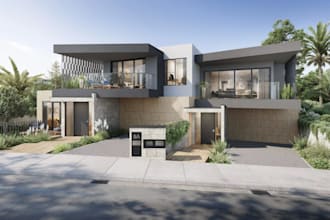 realistic exterior photomontage render, incorporate house render on plain site