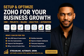 setup zoho crm, zoho one, projects billing, invoice books analytics, automation