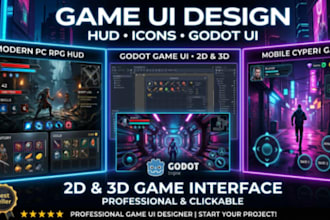 design interactive game ui, hud, user interface icons for 2d, 3d godot game