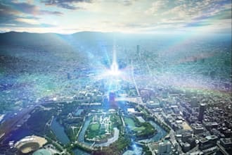 create stunning futuristic cityscape, sci fi visual designs, aurora, cyberpunk