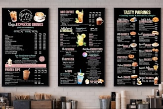 create a modern digital menu board, TV menu, or restaurant menu