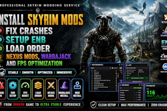 install skyrim mods, fix crashes, setup enb, load order, nexus mods, fps optimiz