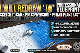 redraw sketch to professional blueprint cad drafting permit plans fast