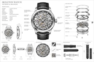 design 3d cad watch technical, luxury watch, skeleton watch technical drawing