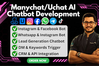 build manychat, uchat ai chatbot, dm automation for leads and customer support