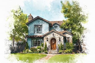 paint elegant watercolor villa and property portrait