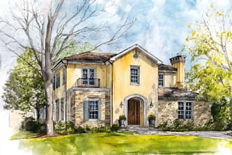 create artistic watercolor home and landscape illustration