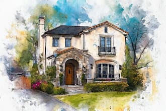 create luxury watercolor mansion and estate portrait