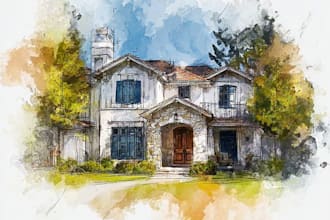create premium watercolor dream home illustration