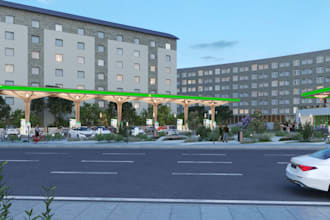 3d ev charging concept,cgi solar canopy,dc chargers,parking lot,supermarket
