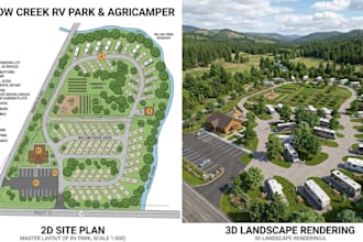 2d site plan, 3d landscape rendering, rv park, parking lot and agricamper