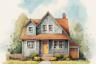 draw cozy watercolor cottage and countryside home scene
