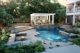 do backyard landscape design, garden, pool, patio, fireplace