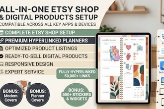 design etsy digital products,hyperlinked files,planners and setup etsy store SEO