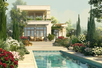 design landscape, home garden, pool, patio, villa landscape