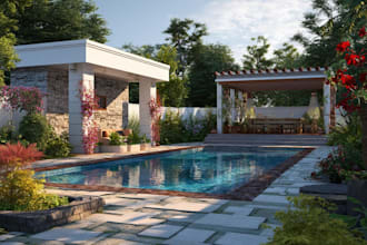 design backyard landscape, pool, patio, garden and terrace