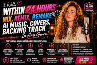 within 24 hours, mix, remix, remake ai music, covers, backing track in any genre