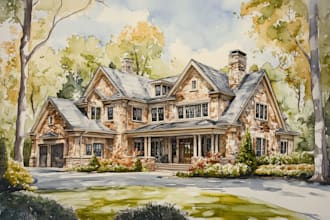 sketch and watercolor of house