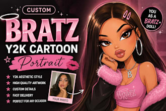 create a bratz style portrait, y2k glam cartoon character