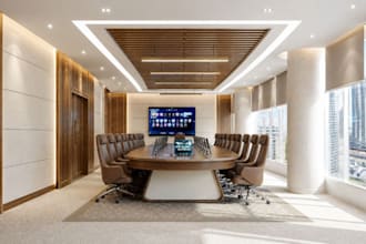 create 3d realistic private meeting room, conference room and reception design