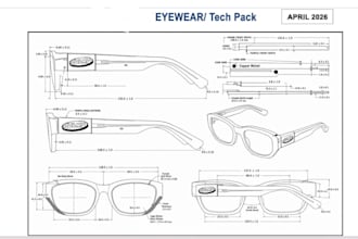 turn eyewear sketches into 3d eyewear design with full techpack for manufacturer