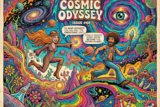 draw psychedelic illustration with retro comic art style