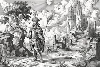 create medieval vintage line art illustration in engraving