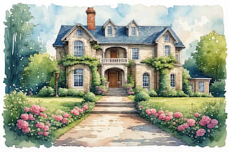 paint digital watercolor house, home building illustrations