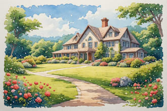 draw watercolor house with freehand style