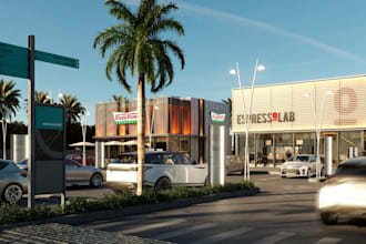 design 3d commercial plaza, shopping center, retail store, storefront cgi render