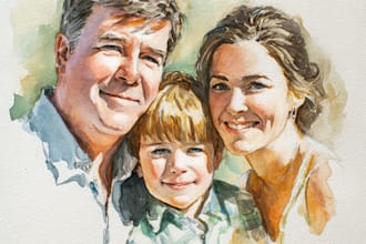 draw watercolor family portrait painting from combine photo