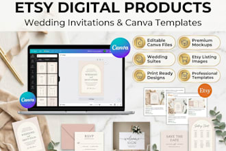 design etsy digital products, wedding invitation canva templates and mockups