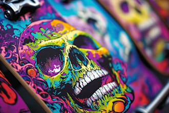 design artwork psychedelic, comic, skull for skateboards