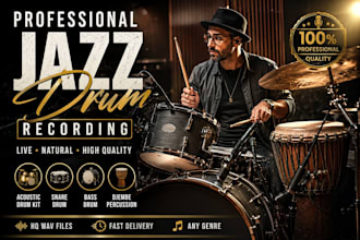 record professional jazz drums, acoustic drum kit, snare drum, bass drum, djembe