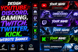 design youtube, discord, gaming, twitch, twitter, kick, steam website banner