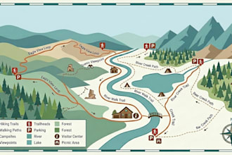 design hiking trail map, campground map and tourism location map