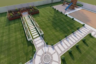 redesign 3d frontyard landscape,site plan, backyard pool,patio, hardscape render