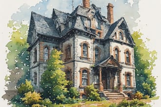 draw house illustration watercolor style
