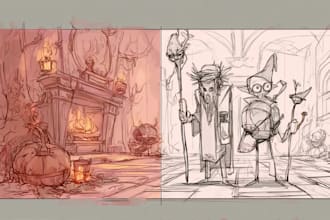 draw a concept sketch of characters, objects, background