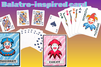 create balatro style pixel art playing  joker cards and roguelike card assets